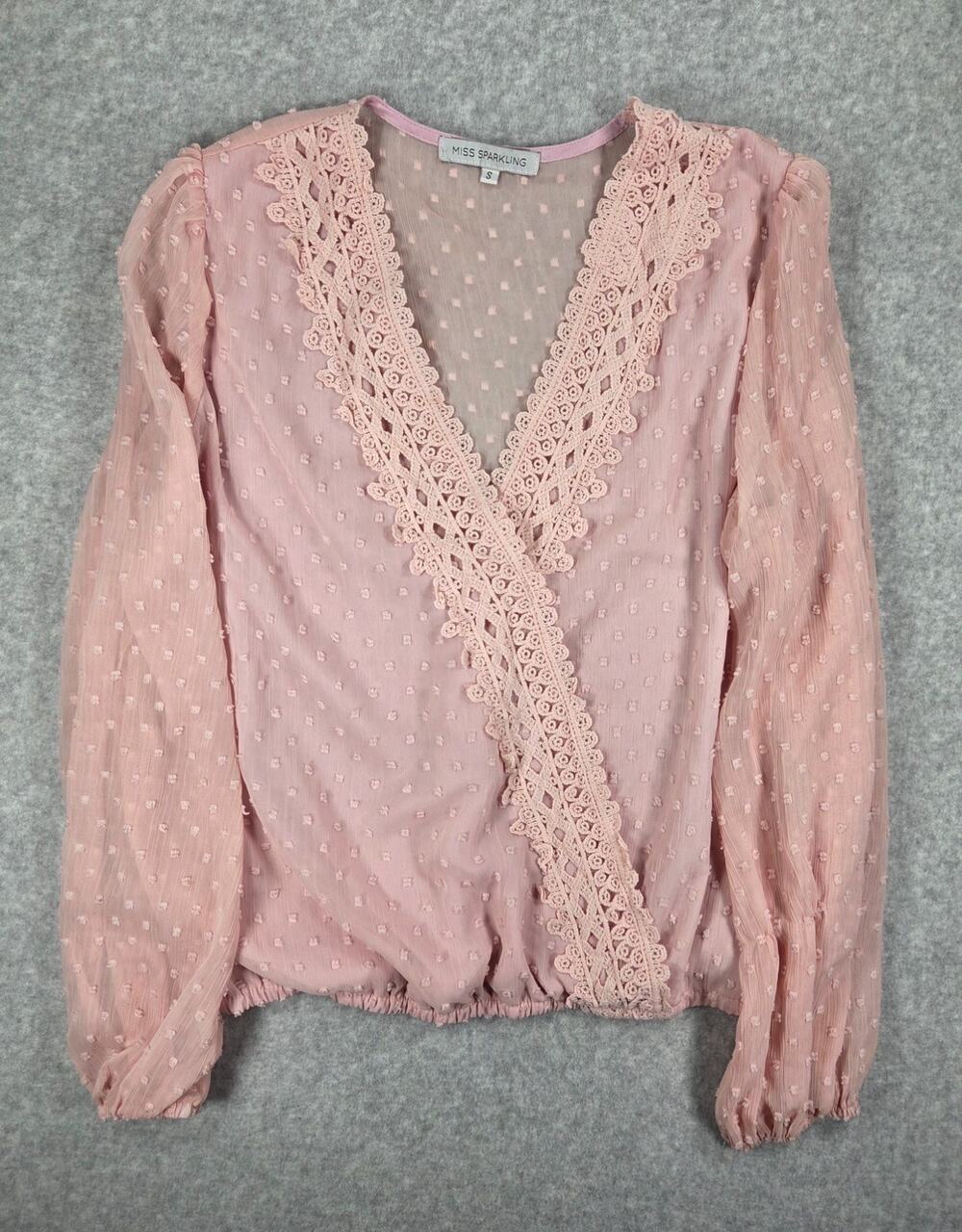 Miss Sparkling Pink Swiss Dot Wrap Blouse Crochet Lace Trim Long Sleeve Small